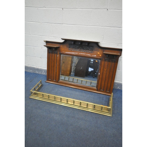 1542 - AN EARLY 20TH CENTURY OAK OVERMANTEL MIRROR, with a bevelled glass plate, 137cm x 90cm, and a brass ... 