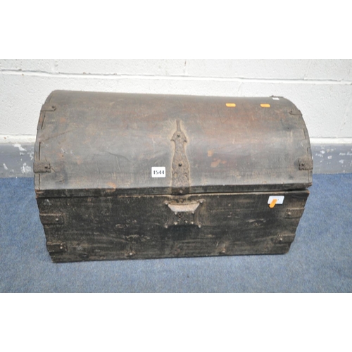 1544 - A 19TH CENTURY EASTERN HARDWOOD AND METAL BOUND DOMED TRUNK, width 65cm x depth 43cm x height 39cm