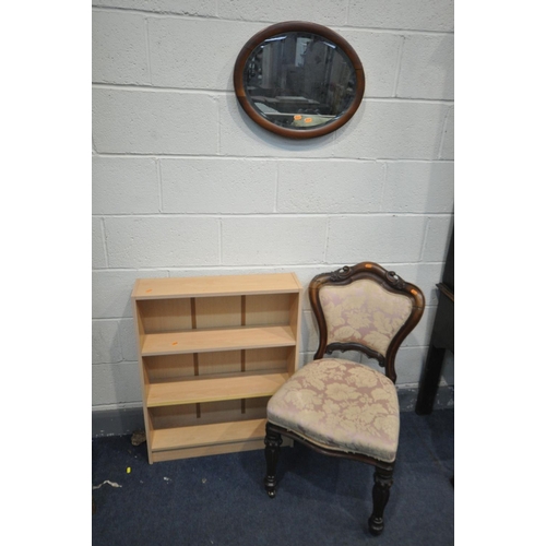 1547 - A VICTORIAN WALNUT CHAIR, along with an oval mirror and a beech open bookcase (3)