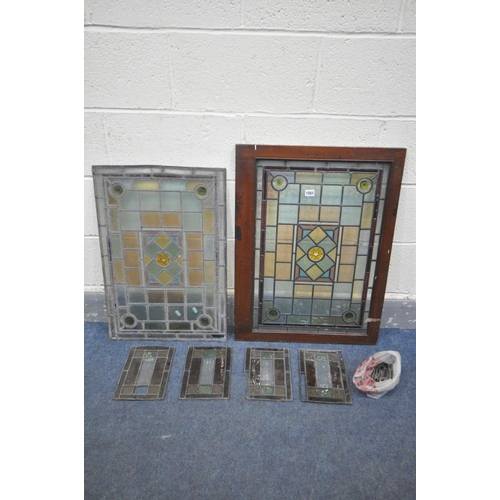 1551 - A PAIR OF LEAD GLAZED STAINED GLASS WINDOWS, one within mahogany frame, minus frame, 46cm x 67cm, wi... 