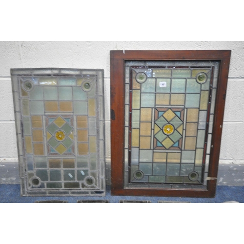 1551 - A PAIR OF LEAD GLAZED STAINED GLASS WINDOWS, one within mahogany frame, minus frame, 46cm x 67cm, wi... 