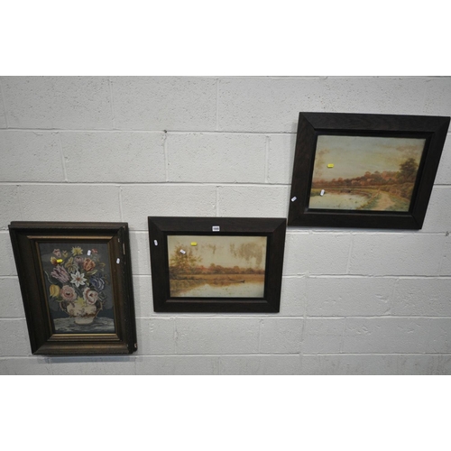 1555 - A GILT FRAMED NEEDLEWORK PICTURE OF A STILL LIFE, 51cm x 69cm, and a pair of oak framed watercolours... 