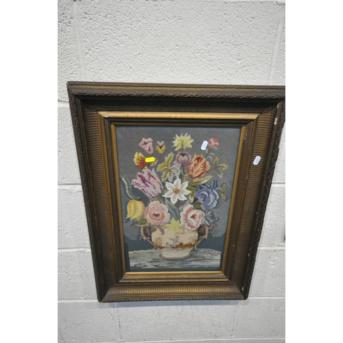 1555 - A GILT FRAMED NEEDLEWORK PICTURE OF A STILL LIFE, 51cm x 69cm, and a pair of oak framed watercolours... 