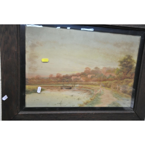 1555 - A GILT FRAMED NEEDLEWORK PICTURE OF A STILL LIFE, 51cm x 69cm, and a pair of oak framed watercolours... 