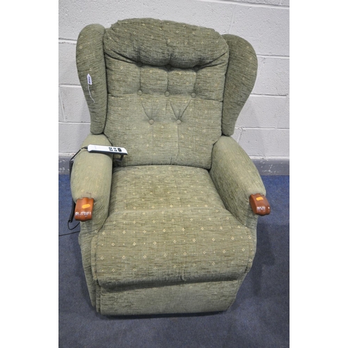 1556 - A SHERBOURNE GREEN UPHOLSTERED ELECTRIC RISE AND RECLINE ARMCHAIR (PAT pass and working)