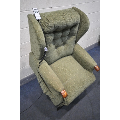 1556 - A SHERBOURNE GREEN UPHOLSTERED ELECTRIC RISE AND RECLINE ARMCHAIR (PAT pass and working)