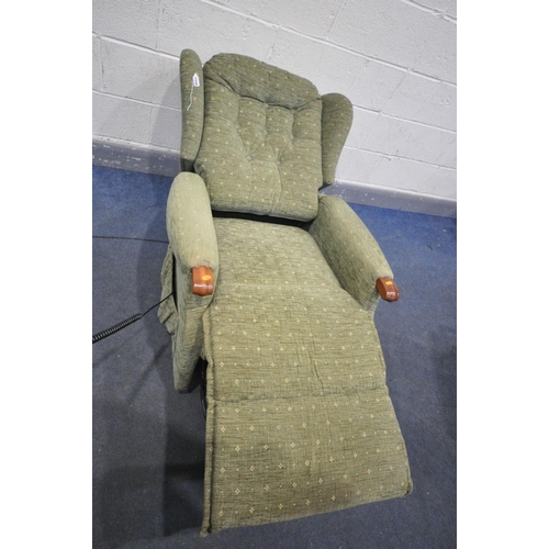 1556 - A SHERBOURNE GREEN UPHOLSTERED ELECTRIC RISE AND RECLINE ARMCHAIR (PAT pass and working)