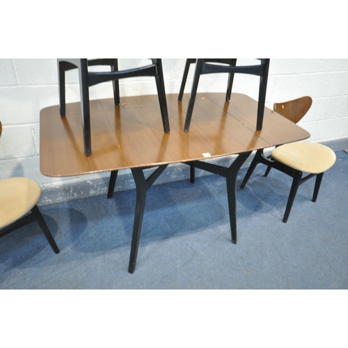 1560 - A 1950'S G PLAN TOLA AND BLACK DROP LEAF DINING TABLE, open length 139cm x closed length 74cm x dept... 