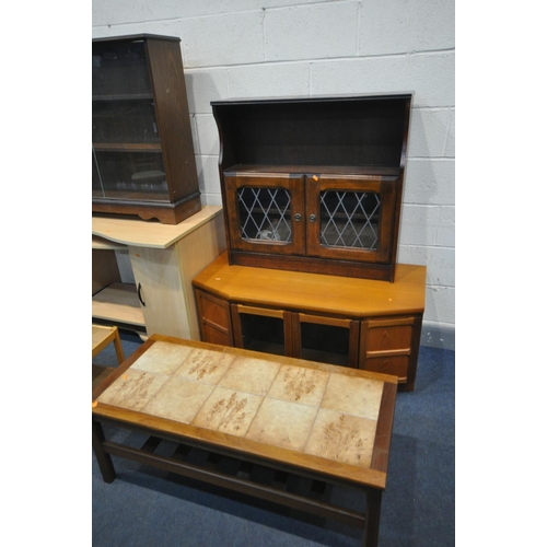 1561 - A SELECTION OF OCCASIONAL FURNITURE, a Nathan teak tv stand, an oak bookcase, oak glazed bookcase, b... 