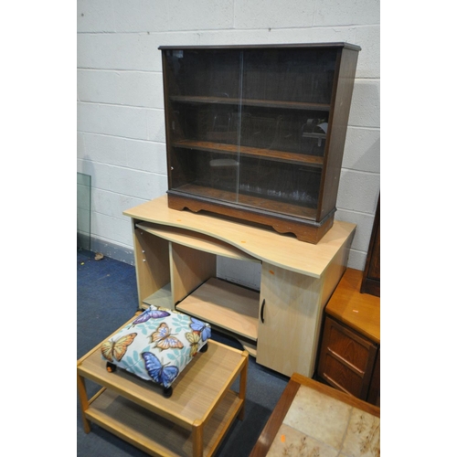 1561 - A SELECTION OF OCCASIONAL FURNITURE, a Nathan teak tv stand, an oak bookcase, oak glazed bookcase, b... 