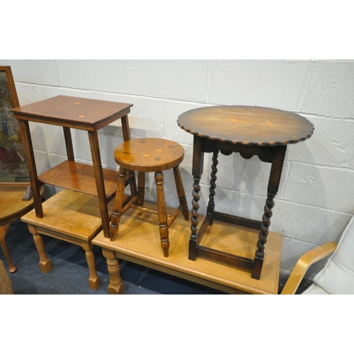 1568 - TWO LIGHT OAK COFFEE/OCCASIONAL TABLES, along with a beech cantilever chair, two other occasional ta... 