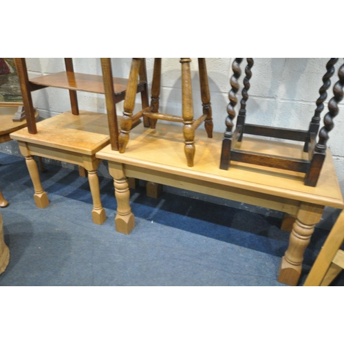 1568 - TWO LIGHT OAK COFFEE/OCCASIONAL TABLES, along with a beech cantilever chair, two other occasional ta... 