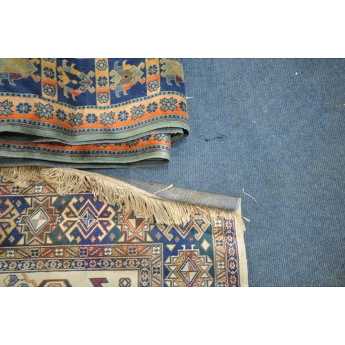 1576 - THREE VARIOUS VISCOSE CHIRAZ RUGS, comprising a beige ground rug, length 205cm x width 140cm, two gr... 