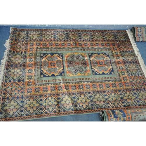 1576 - THREE VARIOUS VISCOSE CHIRAZ RUGS, comprising a beige ground rug, length 205cm x width 140cm, two gr... 