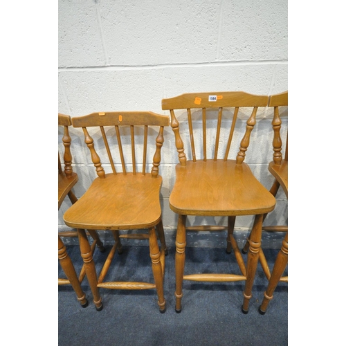 1584 - TWO PAIRS OF PINE HIGH STOOLS, tallest height 97cm x lowest height 90cm, a small pine stool, an oak ... 