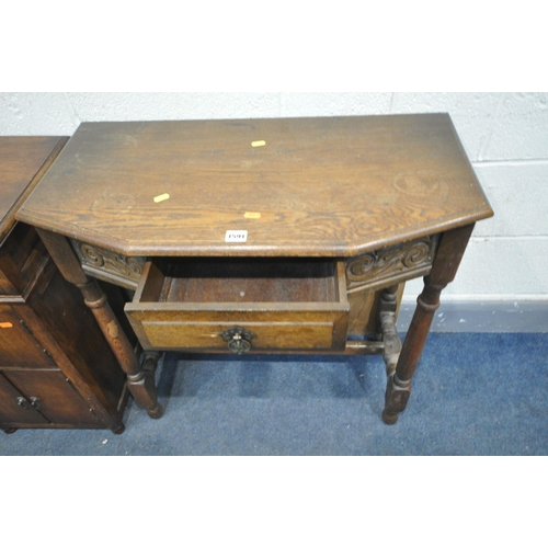 1591 - A QUANTITY OF OAK FURNITURE, to include a side table with canted corners and a single drawer, width ... 