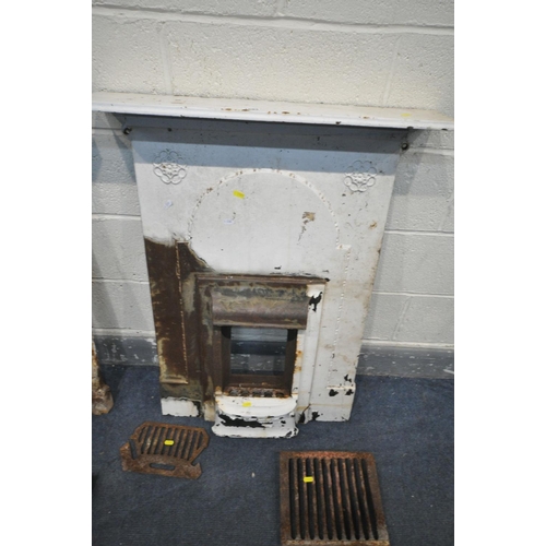 1593 - A WHITE PAINTED CAST IRON FIRE SURROUND, width 73cm x depth 13cm x height 94m, another cast iron fir... 