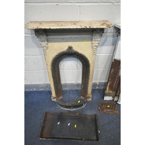 1593 - A WHITE PAINTED CAST IRON FIRE SURROUND, width 73cm x depth 13cm x height 94m, another cast iron fir... 