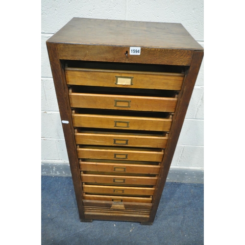 1594 - AN EARLY 20TH CENTURY OAK TAMBOUR FRONT NINE DRAWER FILING CABINET, width 47cm x depth 36cm x height... 