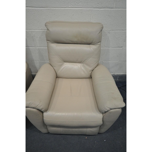 1611 - A PAIR OF CREAM LEATHERETTE ARMCHAIRS, one electric recliner and one manual recliner (condition - so... 