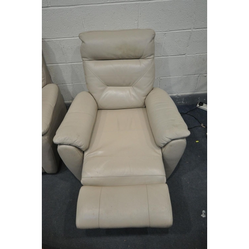 1611 - A PAIR OF CREAM LEATHERETTE ARMCHAIRS, one electric recliner and one manual recliner (condition - so... 