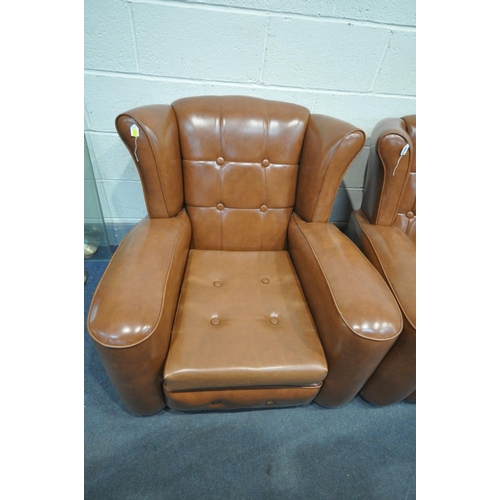 1612 - A BROWN LEATHERETTE BUTTONED THREE PIECE SUITE, comprising a three seater wing back sofa, length 182... 