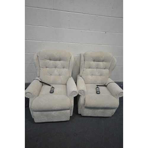 1613 - A PAIR OF BEIGE FLORAL UPHOLSTERED RISE AND RECLINE ARMCHAIRS (PAT pass and working) (condition - mi... 