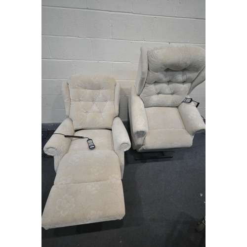 1613 - A PAIR OF BEIGE FLORAL UPHOLSTERED RISE AND RECLINE ARMCHAIRS (PAT pass and working) (condition - mi... 