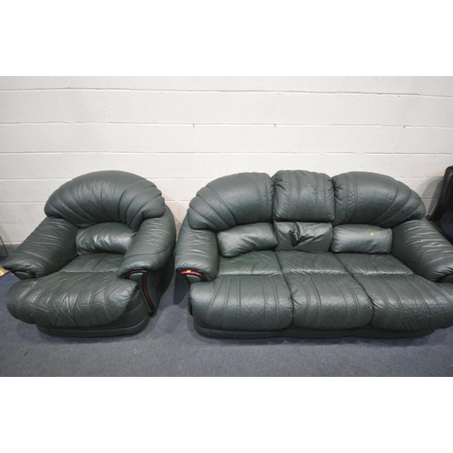 1618 - A GREEN LEATHERETTE TWO PIECE SUITE, comprising a three seater sofa, length 205cm, and an armchair (... 