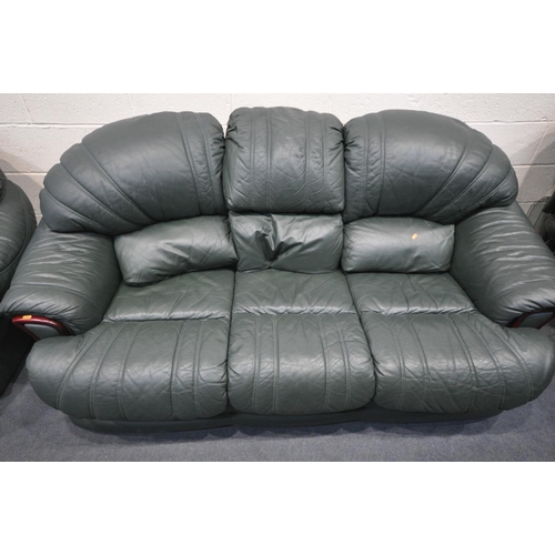 1618 - A GREEN LEATHERETTE TWO PIECE SUITE, comprising a three seater sofa, length 205cm, and an armchair (... 