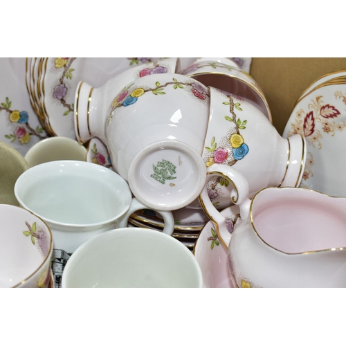 598 - FOUR BOXES AND LOOSE CERAMICS AND GLASS ETC, to include Tuscan China part tea set for six, Colclough... 