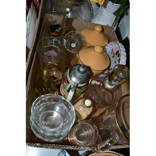 598 - FOUR BOXES AND LOOSE CERAMICS AND GLASS ETC, to include Tuscan China part tea set for six, Colclough... 