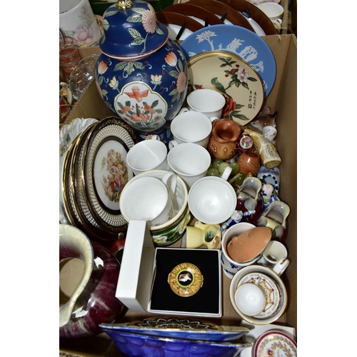 598 - FOUR BOXES AND LOOSE CERAMICS AND GLASS ETC, to include Tuscan China part tea set for six, Colclough... 