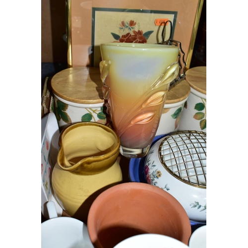 599 - A BOX OF CERAMICS AND GLASS ETC, to include a William Glasner vase with applied foliage decoration, ... 