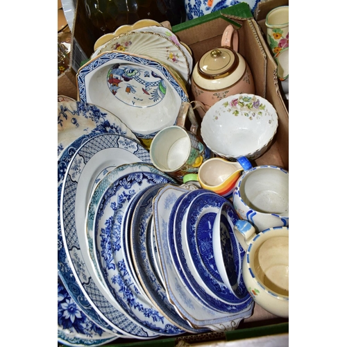 602 - TWO BOXES OF DINNER AND TEA WARES ETC,  to include a quantity of blue and white platters and plates,... 