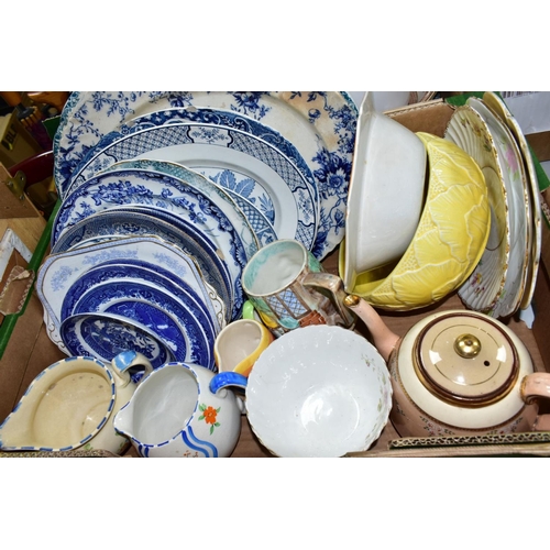 602 - TWO BOXES OF DINNER AND TEA WARES ETC,  to include a quantity of blue and white platters and plates,... 