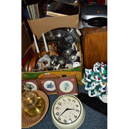 604 - TWO BOXES AND LOOSE SUNDRY ITEMS ETC, to include vintage insulated tea and coffee pots, milk jug, su... 