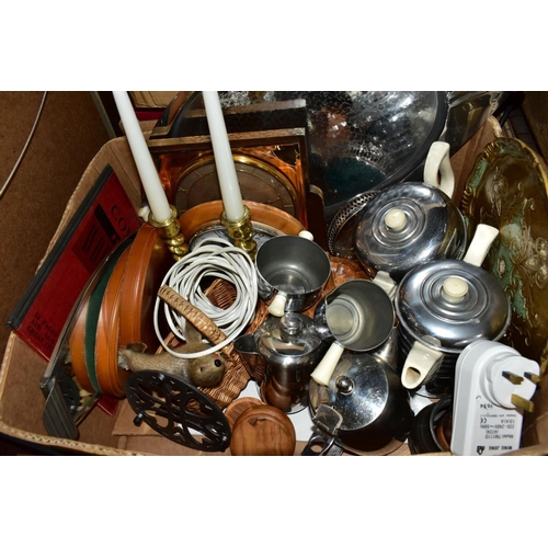 604 - TWO BOXES AND LOOSE SUNDRY ITEMS ETC, to include vintage insulated tea and coffee pots, milk jug, su... 