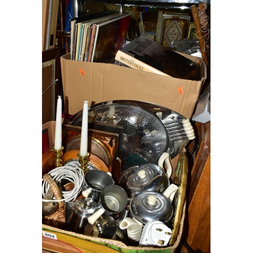 604 - TWO BOXES AND LOOSE SUNDRY ITEMS ETC, to include vintage insulated tea and coffee pots, milk jug, su... 