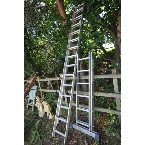 1217 - A SET OF DOUBLE EXTENSION LADDERS, with wheels, length 3.5M together with a platform ladder with 2 x... 