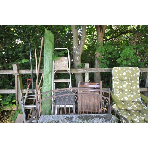 1219 - A METAL FRAMED GARDEN BENCH, plastic folding garden lounger, two folding wooden chairs, quantity of ... 