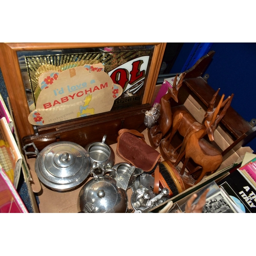 488 - THREE BOXES AND LOOSE METALWARES, EPHEMERA AND SUNDRY ITEMS, to include a Craftsman pewter cruet set... 