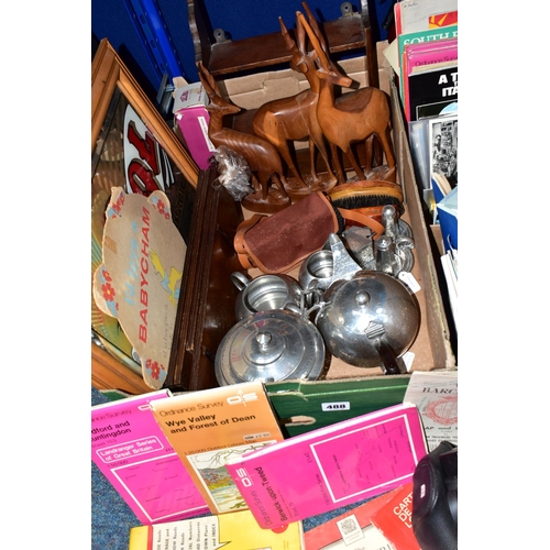 488 - THREE BOXES AND LOOSE METALWARES, EPHEMERA AND SUNDRY ITEMS, to include a Craftsman pewter cruet set... 