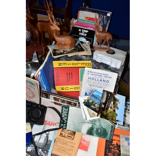 488 - THREE BOXES AND LOOSE METALWARES, EPHEMERA AND SUNDRY ITEMS, to include a Craftsman pewter cruet set... 