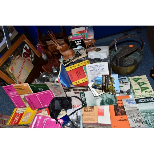 488 - THREE BOXES AND LOOSE METALWARES, EPHEMERA AND SUNDRY ITEMS, to include a Craftsman pewter cruet set... 