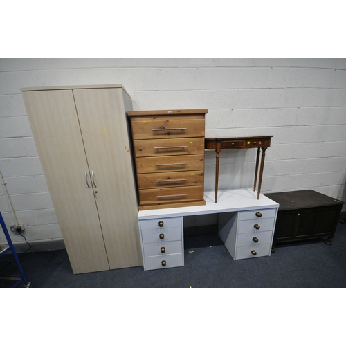 1153 - A WHITE VENEER DESK WITH TWO BANKS OF FOUR DRAWERS, length 153cm x depth 52cm x height 70cm a pine c... 