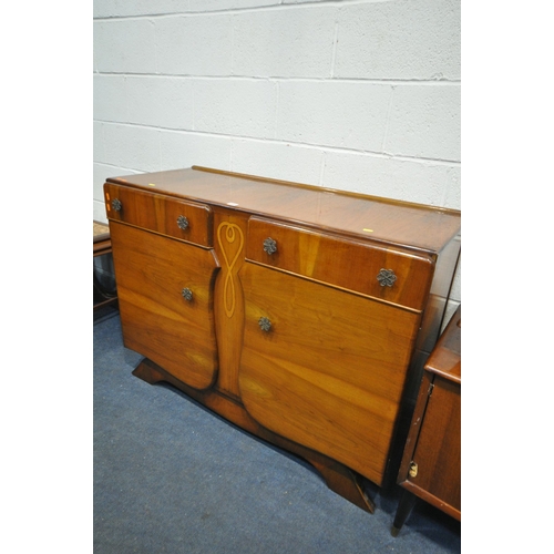 1156 - A 1930'S/40'S WALNUT SIDEBOARD, with two drawers over double cupboard doors, width 123cm x depth 47c... 