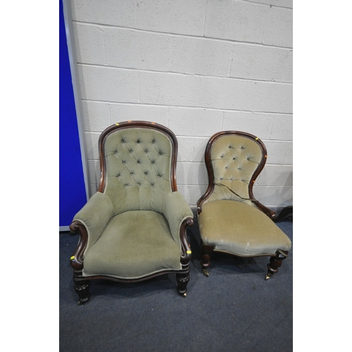 1158 - A VICTORIAN MAHOGANY BUTTONBACK ARMCHAIR, with green upholstery, and a Victorian spoon back chair (2... 