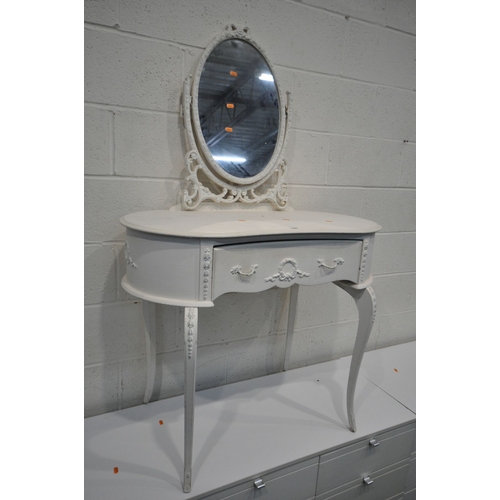 1159 - TWO WHITE FINISH CHEST OF DRAWERS/DRESSING TABLE, and a painted French kidney dressing table with a ... 