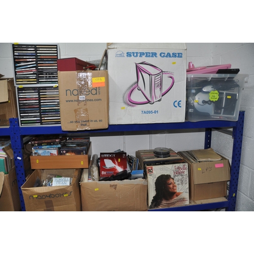 1170 - NINE BOXES AND LOOSE ELECTRONIC EQUIPMENT, RECORDS, CDS AND DVDS ETC, to include a Sony twin tape de... 